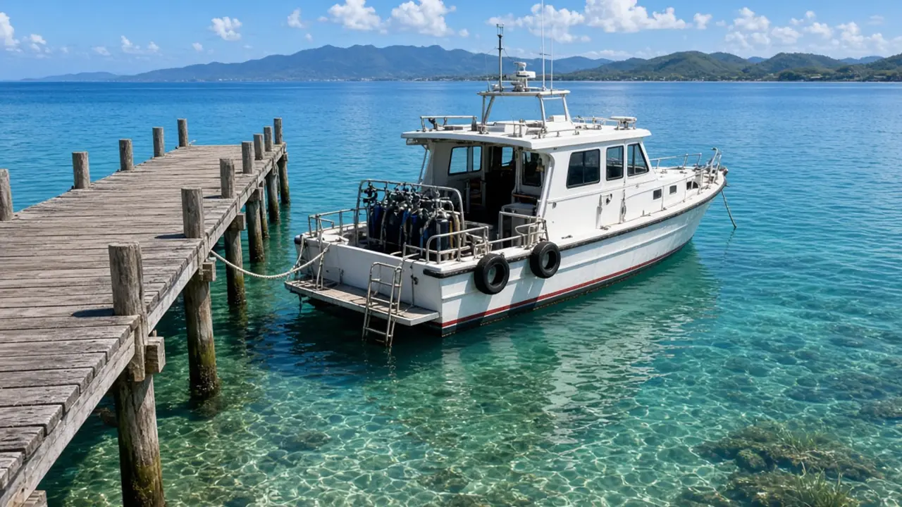 Day-dive boat tied to a wooden jetty in a marina