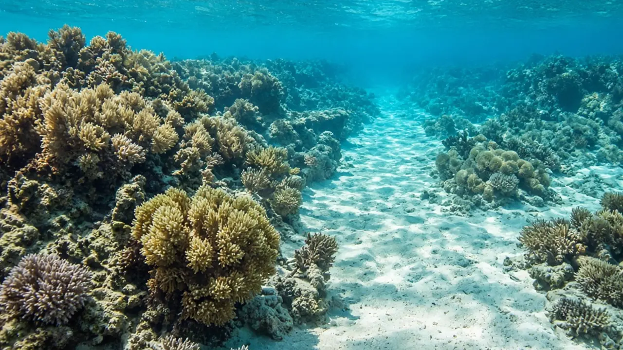Wooden deck over shallow house-reef water at a hotel beach